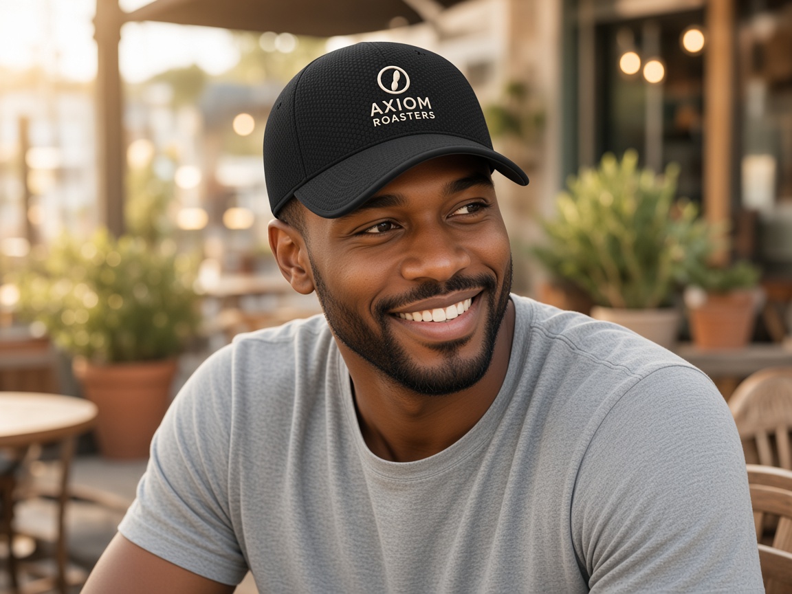 Axiom Roasters logo on Black Outmora mesh cap