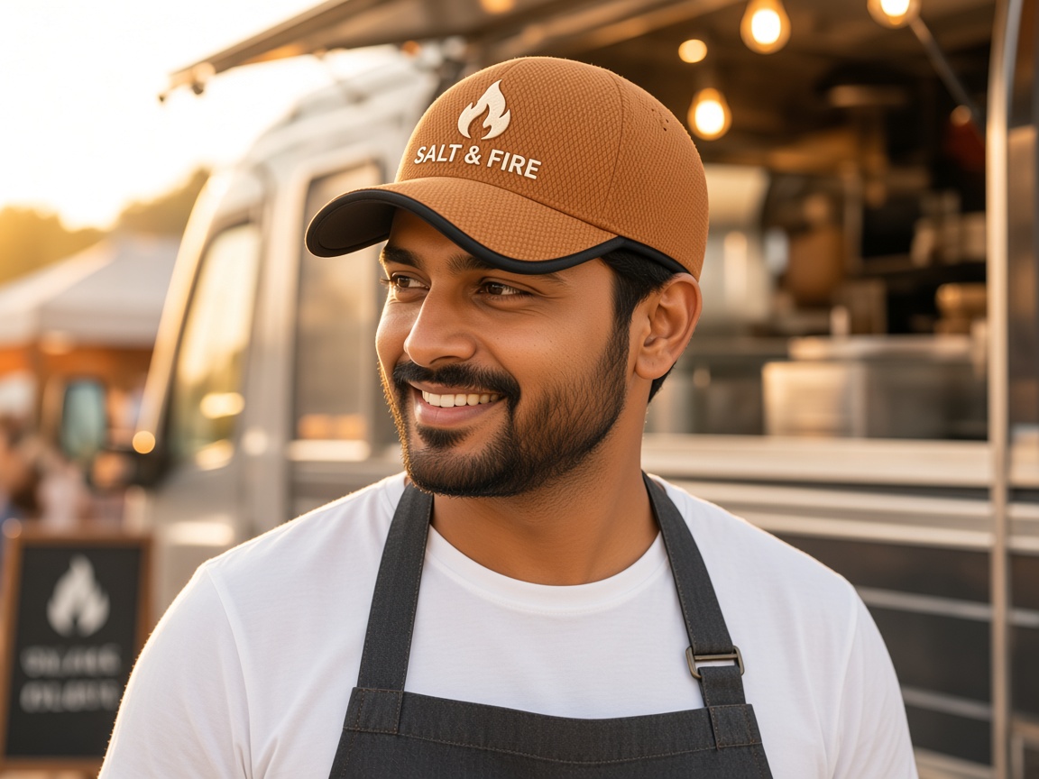 Salt & Fire logo on Coffee Outmora mesh cap