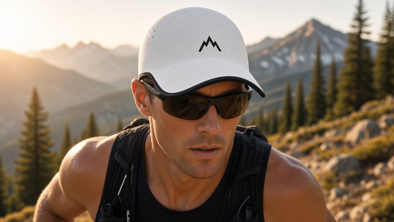 Trail runner wearing a white Outmora honeycomb mesh cap with a custom mountain mark